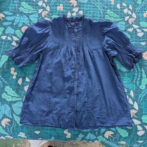 GAP Women Sz L Tall Shirt Top Blue Indigo Puff Sleeve Ruffle Pintuck Cotton Doen